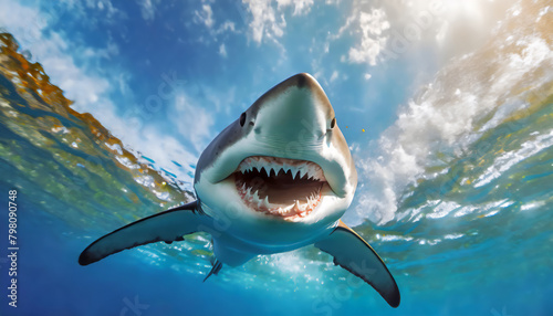 Ocean shark bottom view from below. Open toothy dangerous mouth with many teeth. Underwater blue sea waves clear water shark swims forward
 photo