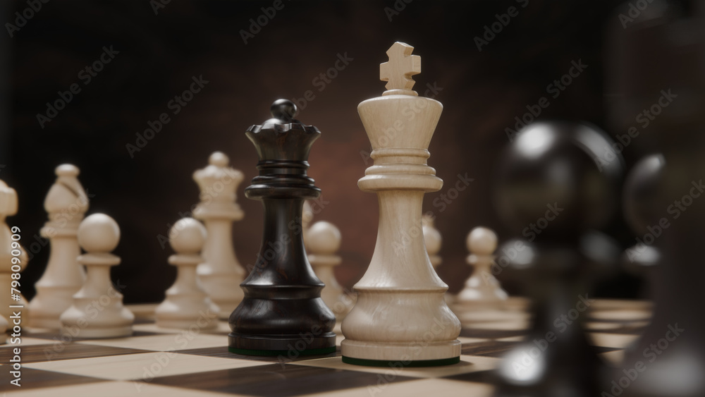 Realistic wooden chess game featuring male and female figures on wooden checkerboard symbolizing multiracial relationship concept