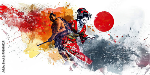 Japanese Flag with a Geisha and a Sumo Wrestler - Picture the Japanese flag with a geisha representing Japan's traditional arts and a sumo wrestler photo