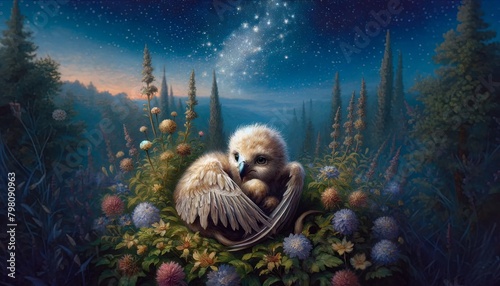 A baby Griffin is laying on a bed of flowers