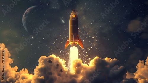 Space shuttle rocket flying in the sky with clouds background