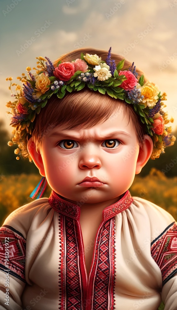 A young child with a flower crown on his head is depicted in a painting. The child appears to be unhappy and is looking away from the viewer. The painting has a somber and melancholic mood A young child with a flower crown on his head is depicted in a painting. The child appears to be unhappy and is looking away from the viewer. The painting has a somber and melancholic mood
