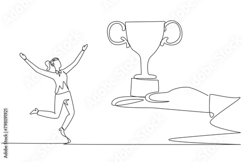 Continuous one line drawing the businesswoman was happy to get a trophy from the giant hand. Awards from the community. Trigger for more success. Profit. Single line draw design vector illustration