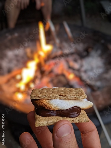 A person holds a s'mores by a fire