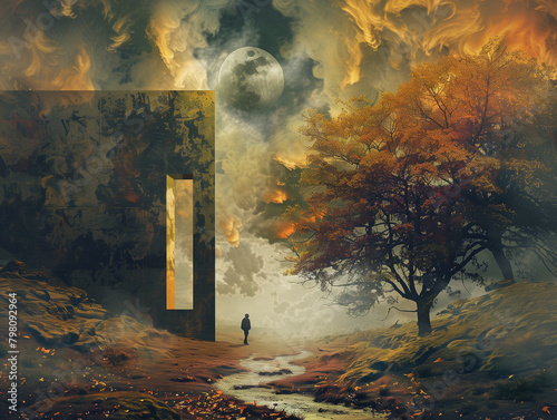 Surreal artwork of a person approaching a giant doorway in a mystical autumn forest with a full moon