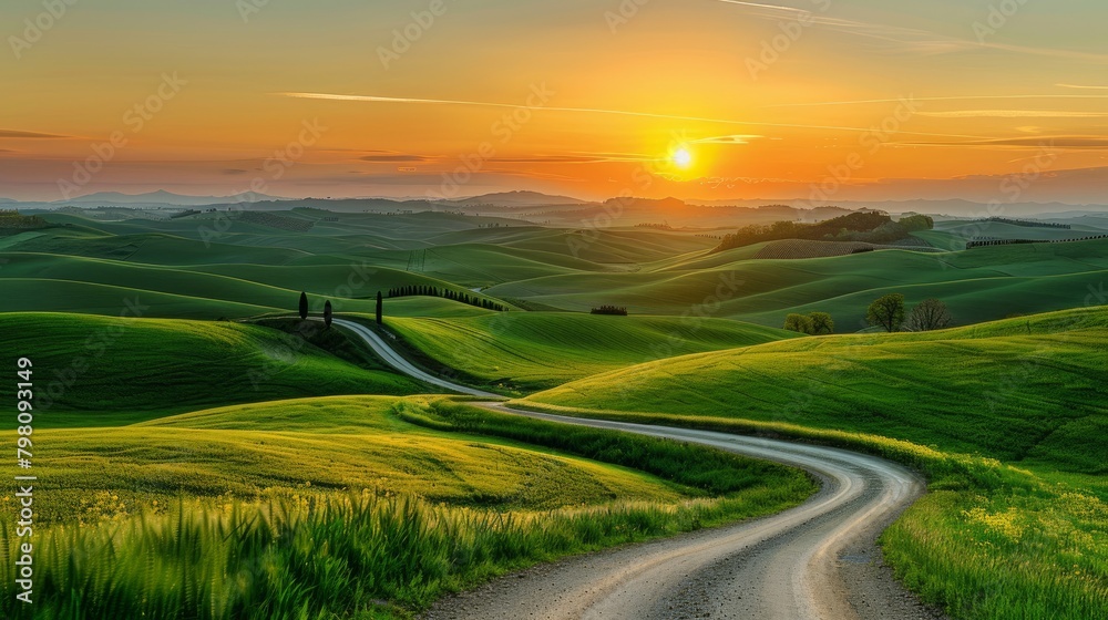 Twilight Serenity on a Winding Tuscan Road amidst the Undulating Hills