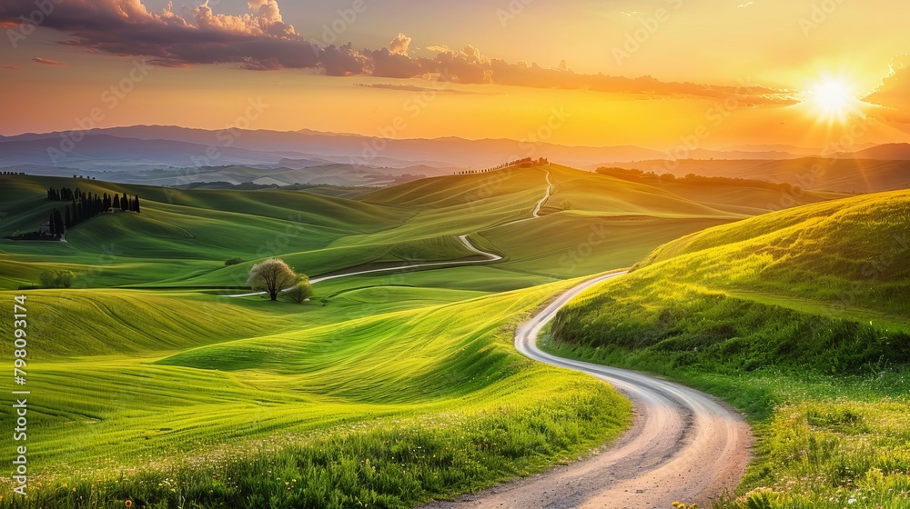 Golden Hour Splendor on a Serpentine Road through Tuscany’s Rolling Hills Golden Hour Splendor on a Serpentine Road through Tuscany’s Rolling Hills