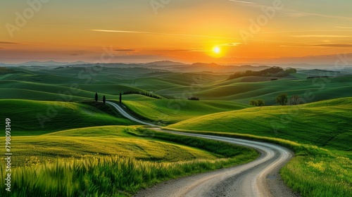 Twilight Serenity on a Winding Tuscan Road amidst the Undulating Hills