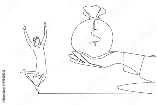 Single one line drawing Arabian businessman was excited to get the money bag from giant hand. Proud gift. Achievement of success. Big bonuses. Brilliant. Continuous line design graphic illustration