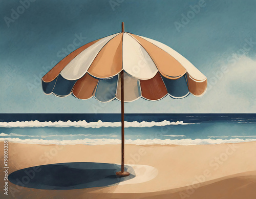 Painting of beach umbrella on the seashore in vintage style. french style on canvas, printable