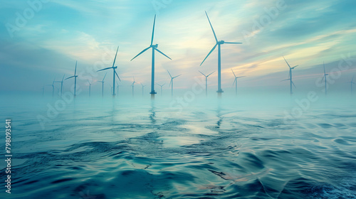 Offshore wind power farm with many wind turbines in the open sea.