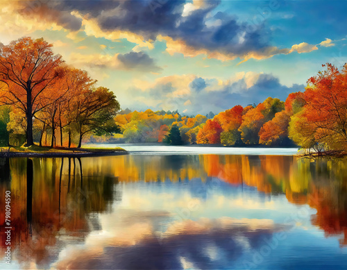 Autumn scene with reflection of trees in lake and cloudy sky. photo