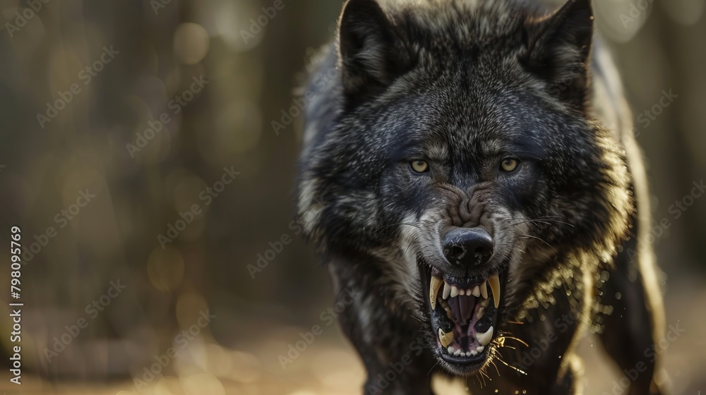intense closeup: majestic black wolf roaring with powerful presence, dramatic teeth exposed, blurred wilderness background - wildlife photography
