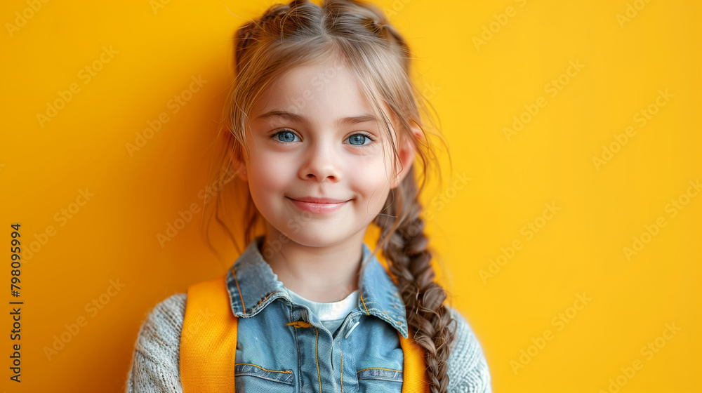 Funny child school girl girl on yellow background. Funny child school girl girl on yellow background.