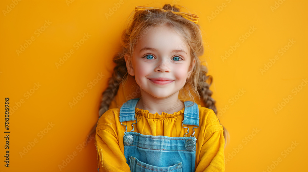 Funny child school girl girl on yellow background.