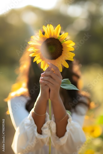 woman in the field of sunflowers holding a sunflower in front of her face