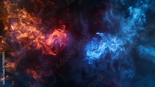 A wallpaper of two flames, one red and the other blue, smoke between them against a dark background. photo