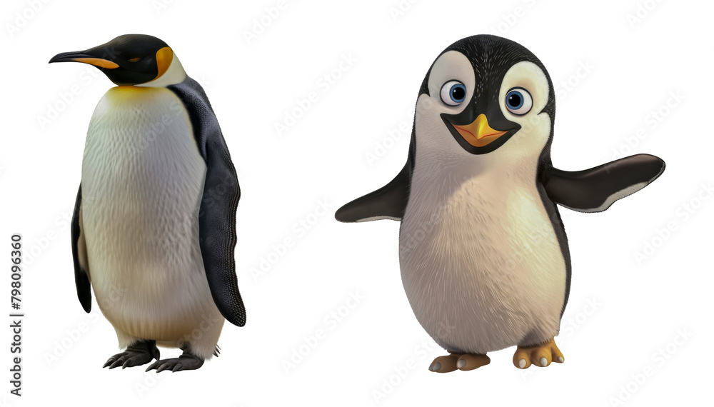 Obraz premium Emperor and cartoon penguin side by side cut out png on transparent background