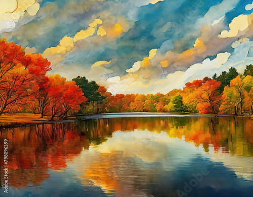 Autumn scene with reflection of trees in lake and cloudy sky. photo