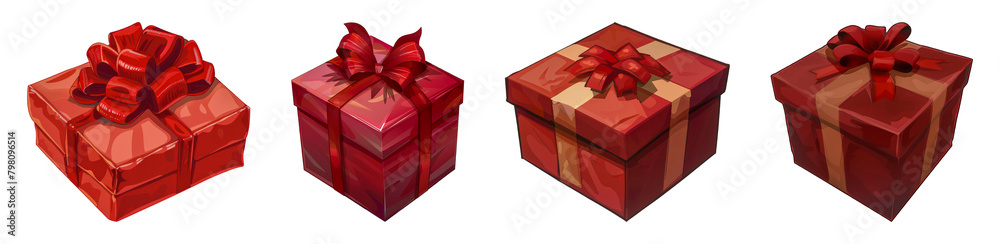 Assortment of red gift boxes with shiny ribbons cut out png on transparent background Assortment of red gift boxes with shiny ribbons cut out png on transparent background