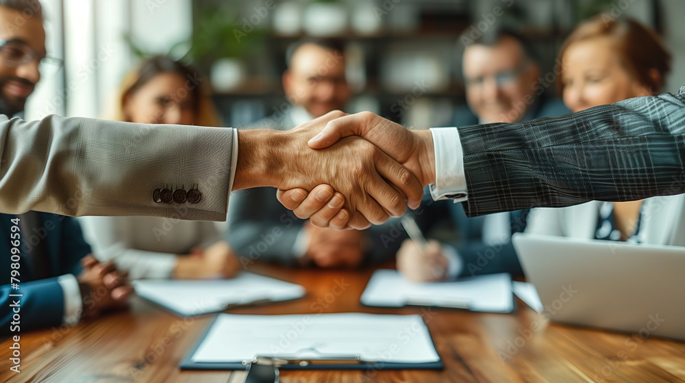 Young business people meeting office handshake hand shake shaking hands teamwork group contract signing agreement document signature paperwork success corporate senior mature.