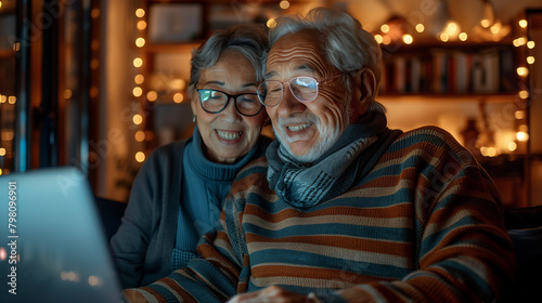 television watching couple laptop night computer home evening elderly senior mature active old woman man movie entertainment fun love together glowing screen.