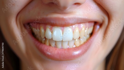 Woman with yellow teeth gets dental treatment before ceramic crowns installation. Concept Dental Treatment, Yellow Teeth, Ceramic Crowns, Before and After, Oral Health