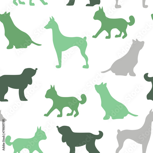 Vector seamless repeating childish pattern with cute dogs, cats in Scandinavian style. Animals background with dog, cat, pets, puppy for invitation, poster, card, flyer, textile, fabric © Alla