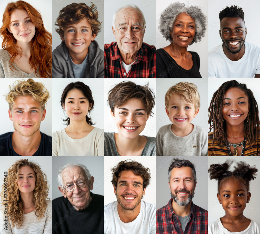 A collage of people with different ages and ethnicities, all smiling. Scene is happy and positive, showcasing the diversity and unity of humanity A collage of people with different ages and ethnicities, all smiling. Scene is happy and positive, showcasing the diversity and unity of humanity