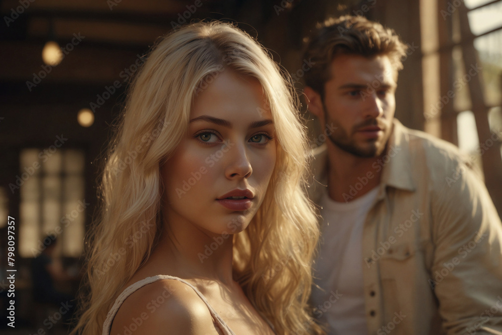 love story. A beautiful blonde girl in the foreground, a handsome brunette man in the back. love story. A beautiful blonde girl in the foreground, a handsome brunette man in the back.