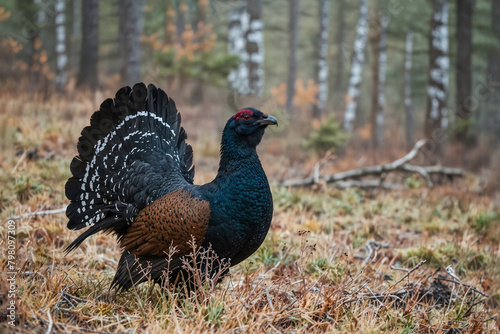 A capercaillie bird in the forest .In the morning in the fog.Sunny.