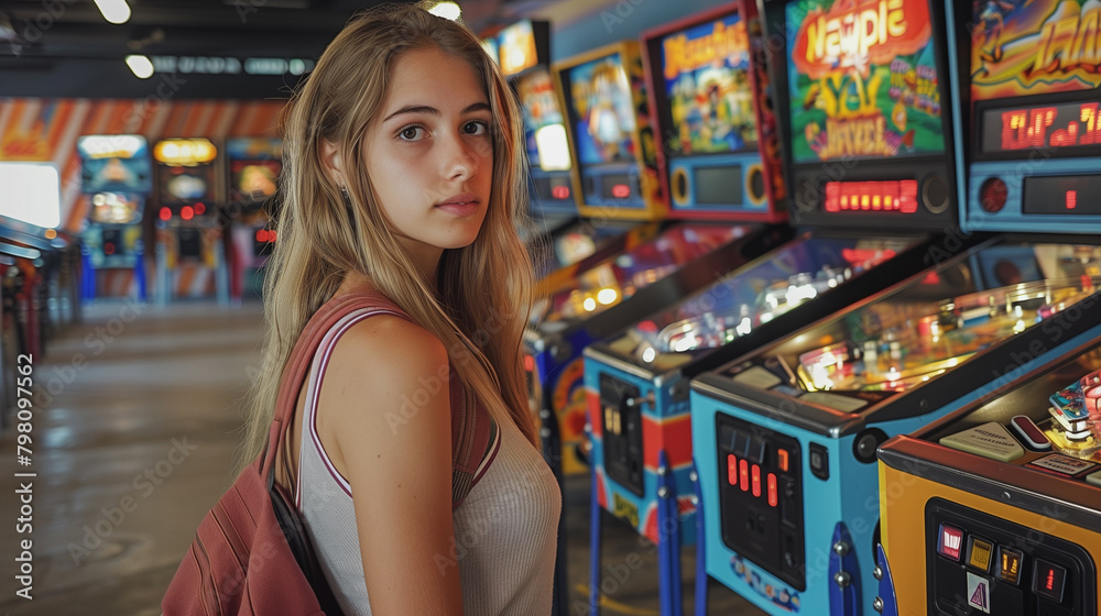Young woman at a retro arcade, surrounded by vintage pinball machines and classic video games.