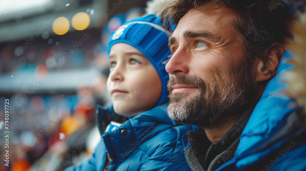 Child Parent Rugby Fans father and son in stands, filled with enthusiastic supporters of rugby ...