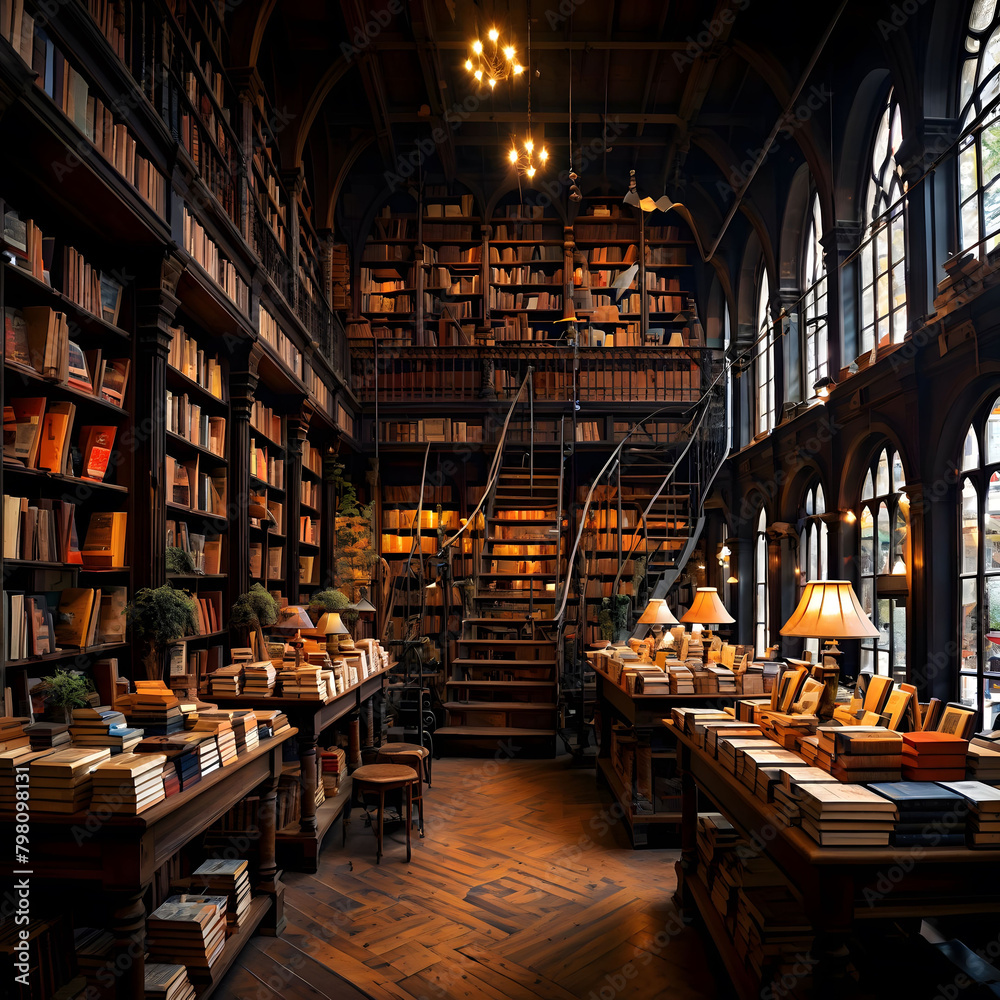 A cozy bookstore with shelves lined with books