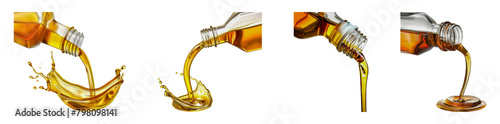 Viscous oil pouring with elegance from glass bottles cut out png on transparent background