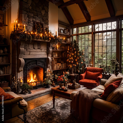 A cozy fireplace in a traditional living room