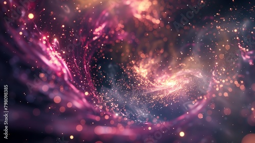 A close up of an explosion in space, a pink and purple galaxy with stars, a spiral or a supermassive black hole, background, bokeh effect, shiny particles flying everywhere. photo