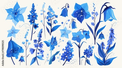 A charming assortment of hand drawn bluebell flowers and leaves come together to form a delightful wild bluebell bouquet This blooming bellflower also known as harebell embodies the essence  photo