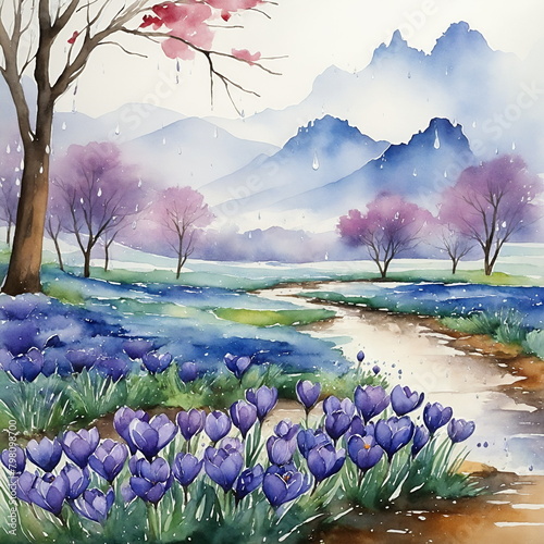 Watercolor landscape with blue crocuses in drops of rain