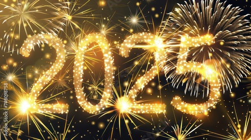 Happy New Year 2025 greeting card with fireworks and sparkling neon text on a bokeh night sky background