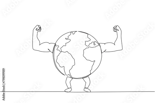 Single one line drawing globe raised both of his muscular arms. Have an active role in protecting the earth. Stay healthy for the sake of a green earth. Continuous line design graphic illustration