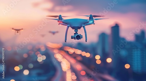 A black drone is flying in a city. There are tall buildings and a lot of lights in the background.

 photo