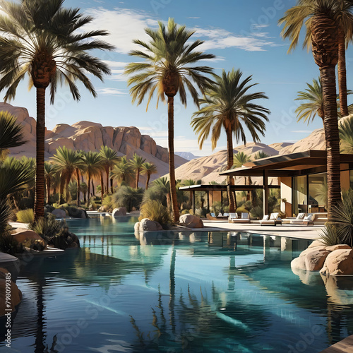 A serene desert oasis with palm trees and a shimmering pool