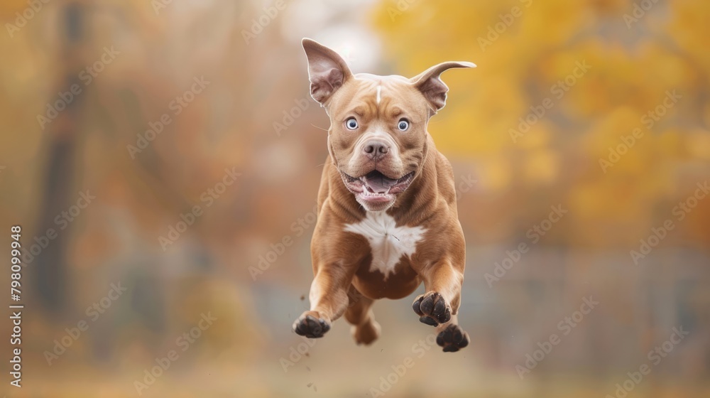 Playful amstaff terrier with comically wide-eyed expression leaping in mid-air Playful amstaff terrier with comically wide-eyed expression leaping in mid-air