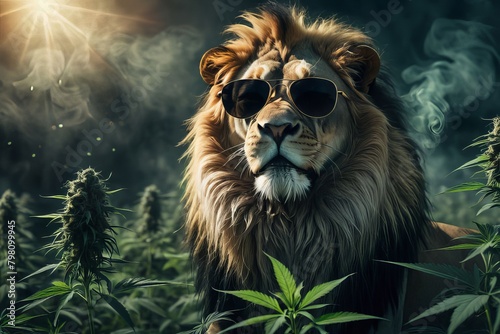 lion hipster with cannabis  and sunglasses content created with generative AI software.