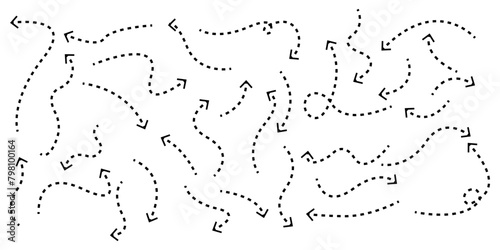 Varous dot style hand drawn black arrows set. Line dotted curve collection. Isolated graphic element.