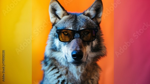 Witty wolf sporting sunglasses poses playfully in studio against vibrant backdrop photo