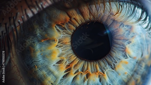 A close-up of a blue and brown eye with long dark eyelashes.