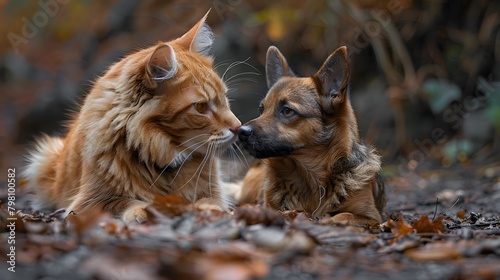 the enchanting moment as a baby cat and dog share a tender interaction  their noses touching in a gentle exploration of each other s scent  forging a bond that transcends species