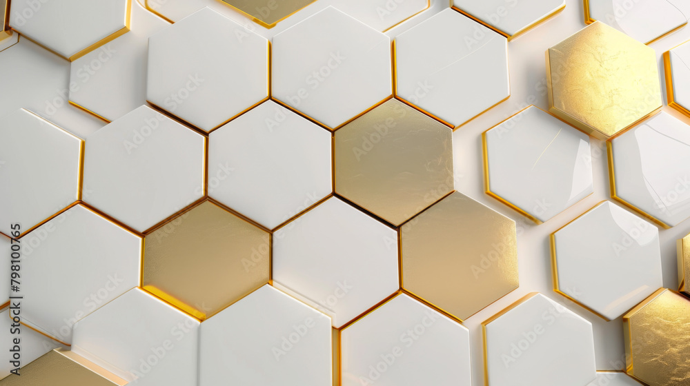 A white wall with golden hexagon tiles, creating an elegant and modern aesthetic. A white wall with golden hexagon tiles, creating an elegant and modern aesthetic.